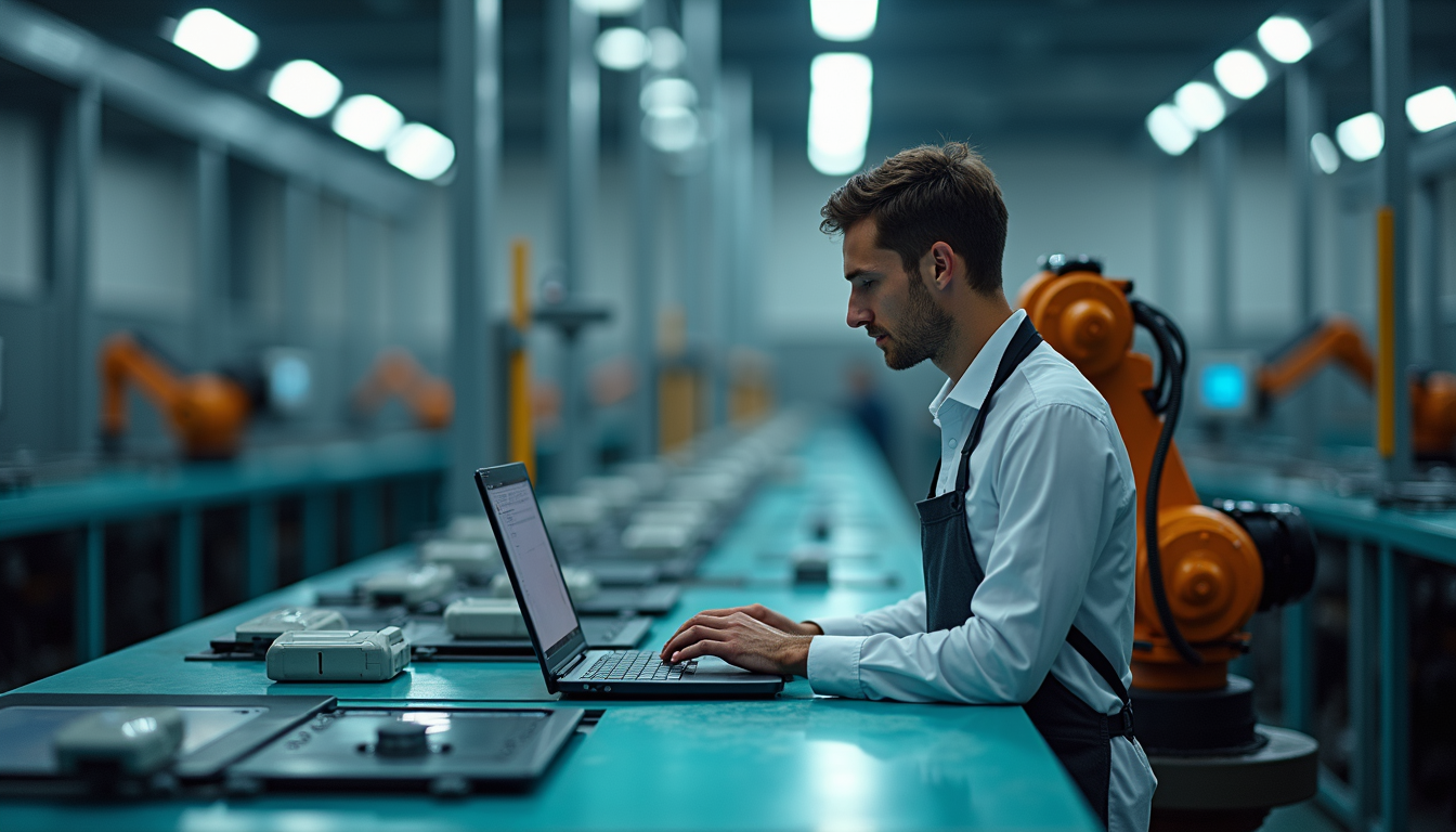 High angle view of a technology field with robotic automation